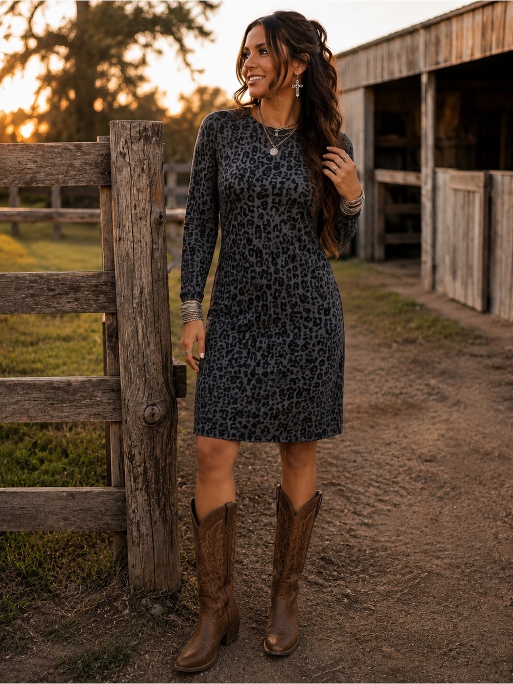 Long Sleeve Leopard Print Shift Dress - Gray